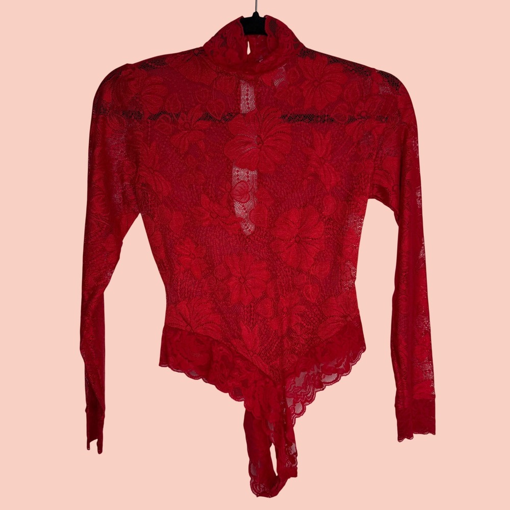 Fredericks of Hollywood Red Floral Lace Mock Neck Bodysuit Long Sleeve Small NEW